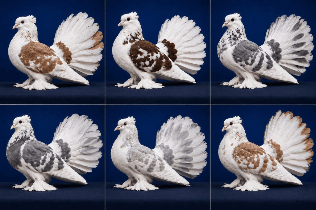 Indian Fantail pigeons perched in the loft